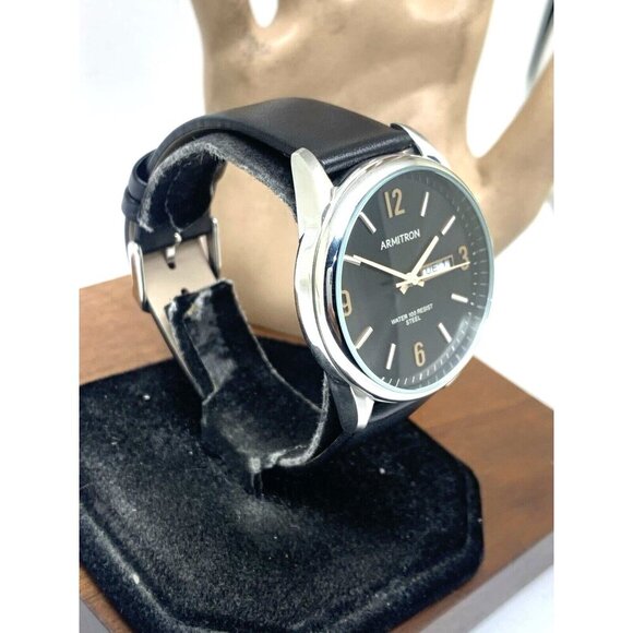 Armitron Men's Watch 20/5048SV Black Dial Day Date Quartz Leather Strap 40mm - Picture 2 of 14